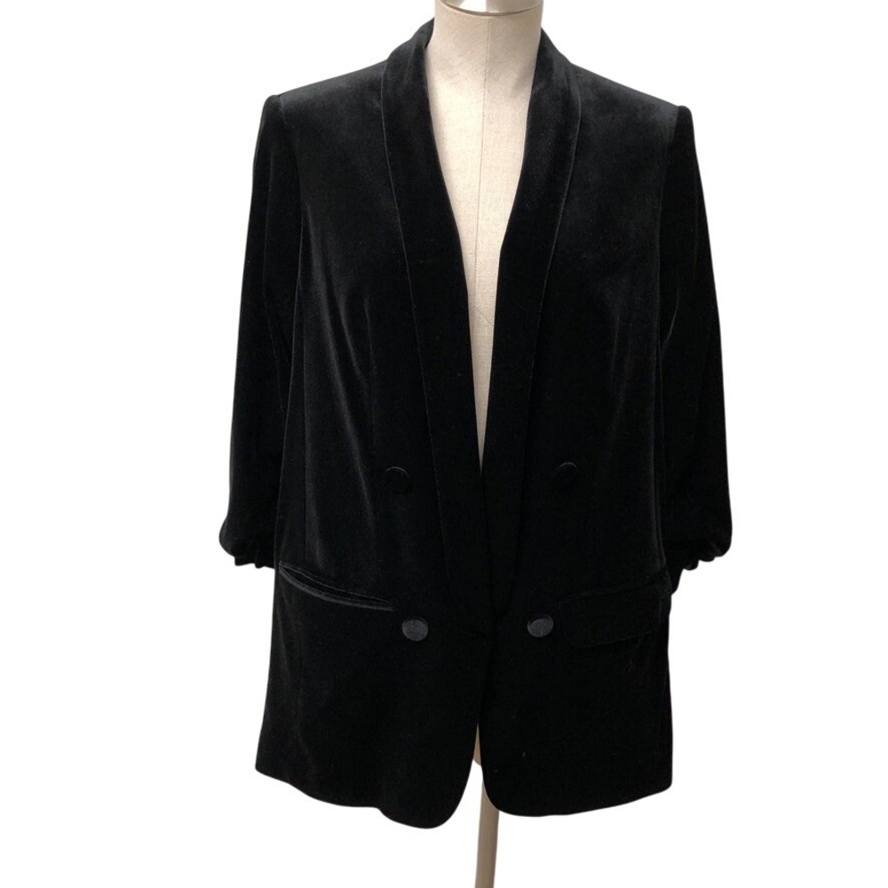 Express Blazer Womens Large Black Velvet Ruched Sleeve Double Breasted NEW